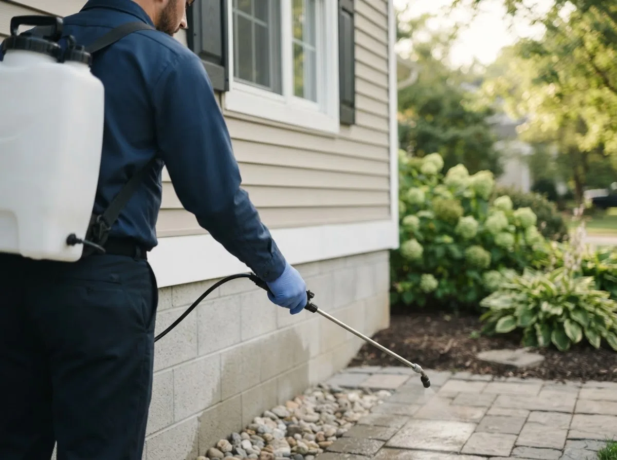 Pest control technician inspecting a home in Felton, PA